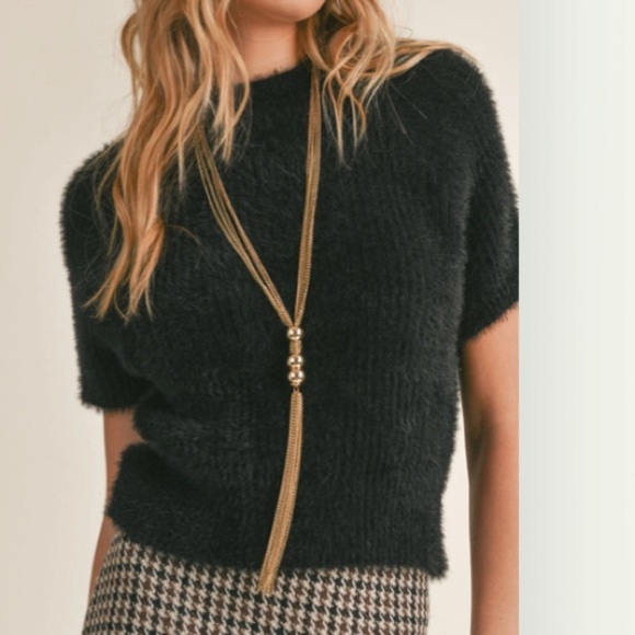 NWOT Sadie & Sage Rudy Ribbed Short Sleeve Sweater Black Medium - Picture 2 of 10